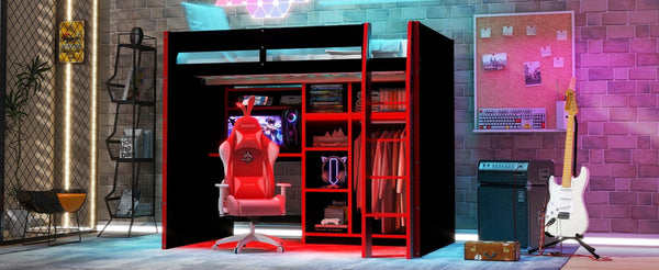 English Elm Full Size Loft Bed with Rgb Lighting Desk Open Wardrobe and Storage for Gaming Rooms Red LT000277AAR