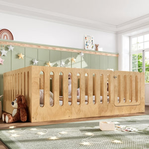 English Elm Queen Solid Pine Montessori Floor Bed for Kids with House Frame and Built-in Door Natural W5305P420640