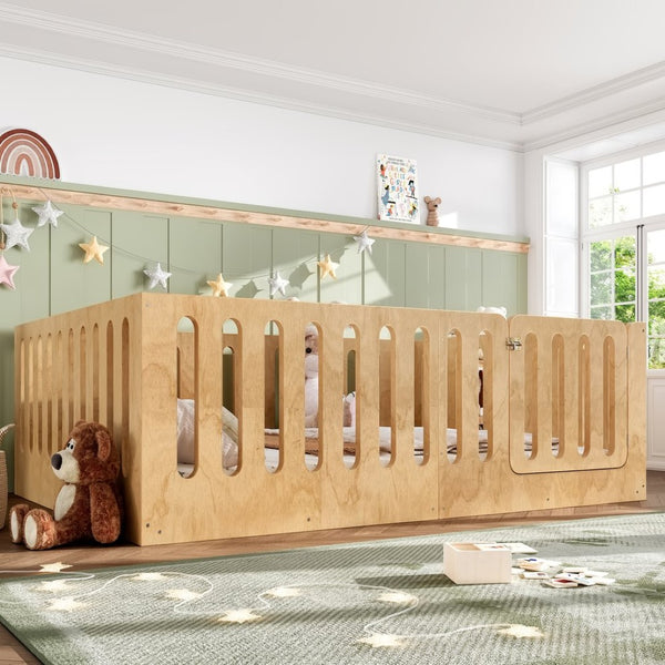 English Elm Queen Solid Pine Montessori Floor Bed for Kids with House Frame and Built-in Door Natural W5305P420640