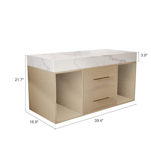 English Elm 39.4 Inch Floating Bathroom Vanity Sintered Stone Top Solid Wood 2 Soft Close Drawers W3136S00030