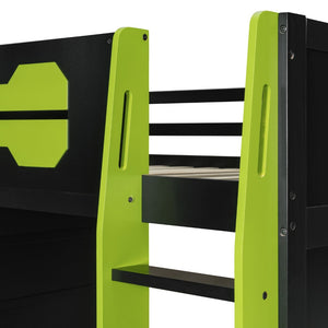 English Elm Full Size Wood Loft Bed with Rgb Lighting Desk Storage and Gaming Console Shelf Green LT000260AAG