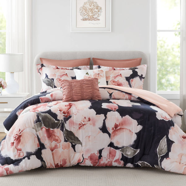 English Elm 7-piece King Comforter Set Cotton Print Bedding with Embroidered Pillows Layered Bedroom Blush Multi B035P482947