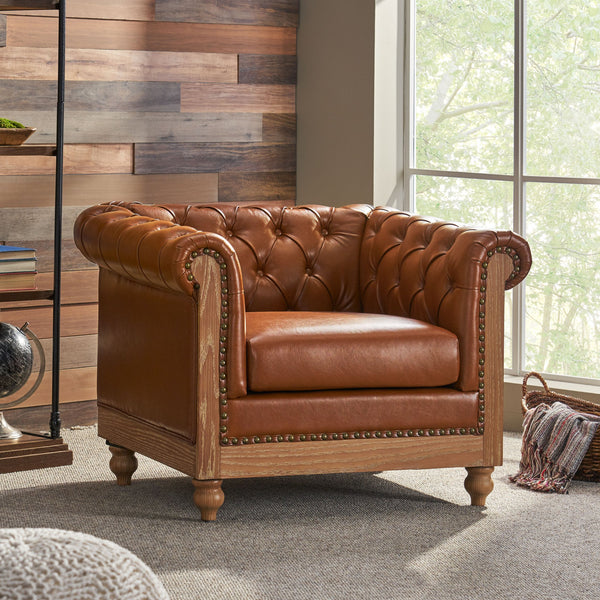 English Elm Christopher Knight Home® - CLUB Club Chair Chesterfield-Inspired Tufted PU Upholstery with Nailhead Trim, Scrolled Arms, Turned Legs Light Brown 39.25 L x 34.25 W x 25 H 72069.00COGN