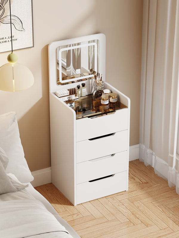 English Elm (48CM) 3-in-1 Vanity Desk with Lighted Flip Mirror, Glass Top, 3 Drawers & Stool — Compact White MDF Vanity W2641P224783