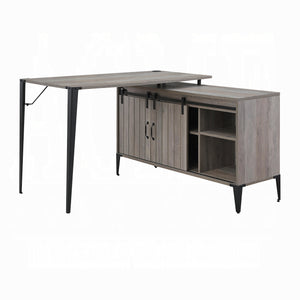 English Elm Grey Oak Spacious Writing Desk with Sliding Barn Door, Black Metal Legs, Cord Management, Storage B062P209219