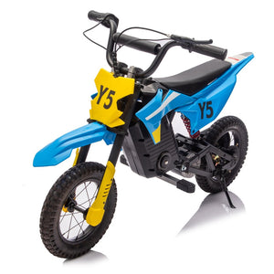 English Elm 24v 250w Kids Off-road Electric Motorcycle with Led Lights Bluetooth and Rear Suspension Blue W1578P203980