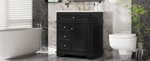 English Elm 30" Freestanding Bathroom Vanity Acacia Wood Matte Black Finish Gold Knobs Ceramic Sink N759P227429B