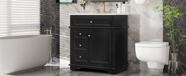 English Elm 30" Freestanding Bathroom Vanity Acacia Wood Matte Black Finish Gold Knobs Ceramic Sink N759P227429B