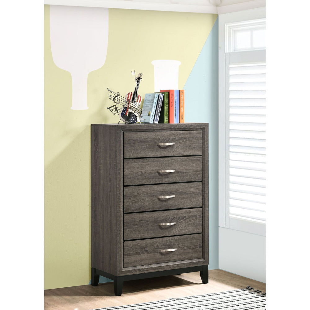English Elm Gregory Grey Oak 5-Drawer Chest — Contemporary Grey Oak Finish, Durable Interlocking Joints, Modern Hardware Storage Elegance B062P331060