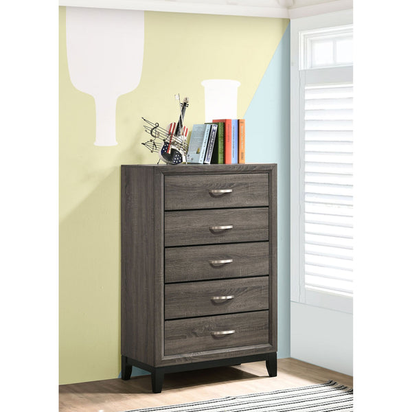 English Elm Gregory Grey Oak 5-Drawer Chest — Contemporary Grey Oak Finish, Durable Interlocking Joints, Modern Hardware Storage Elegance B062P331060