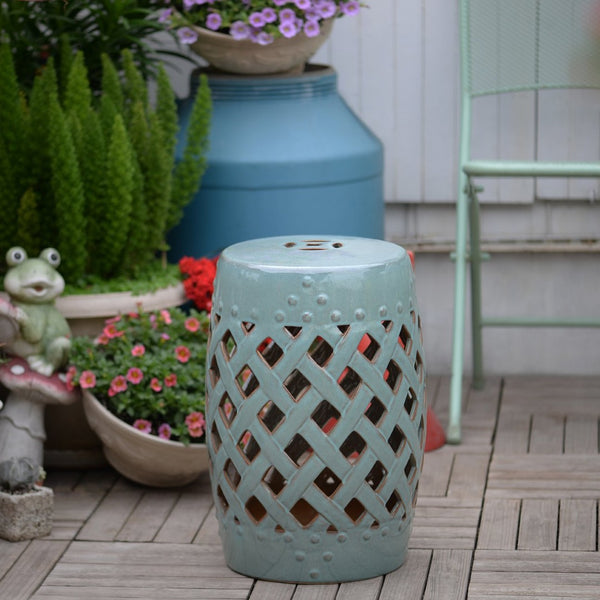 English Elm Outsunny 13" X 18" Antique Blue Ceramic Garden Stool With Woven Lattice - Stylish Multi-Functional Accent Table W2225P200889-GIGA