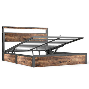 English Elm Full Size Industrial Metal Storage Bed with Hydraulic Lift Rgb Lighting and Usb Charging T3963P437369