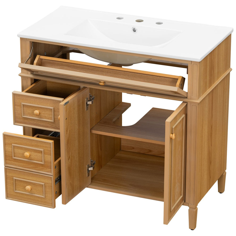 English Elm 36" Modern Bathroom Vanity with Ceramic Sink, Solid Rubber Wood & MDF, Flip Drawer, Soft-Close Doors N725P350825N