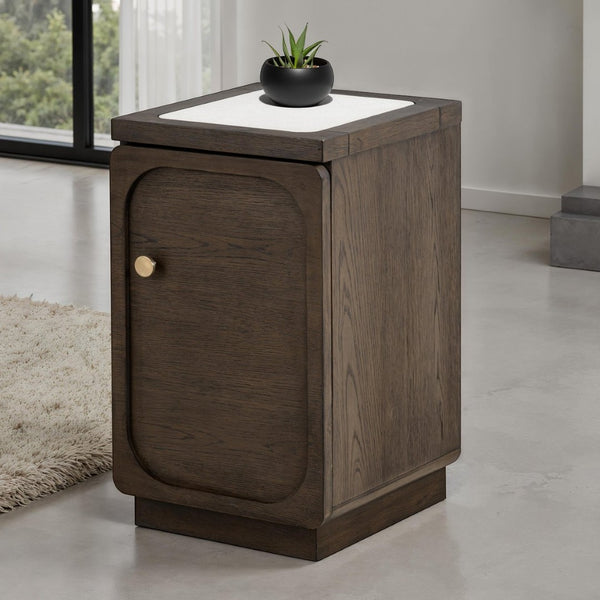 English Elm Transitional Side Table With Quartz Top & Usb Port - Dark Walnut Finish, Gold Knob, Elegant Design B2741P404272-GIGA