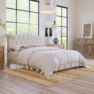 English Elm Upholstered Diamond-Tufted Platform Bed with Two-Position Adjustable Headboard and Sturdy Support Beige 65.71 L x 26.89 W x 4.88 H N701P342915B