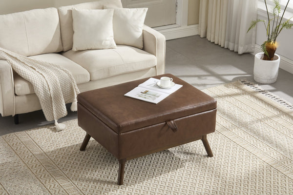 English Elm Mid-century square storage bench with solid wood frame, microfiber upholstery, versatile ottoman seat and tabletop functionality for living room and entryway appeal Brown PU W1539P269658