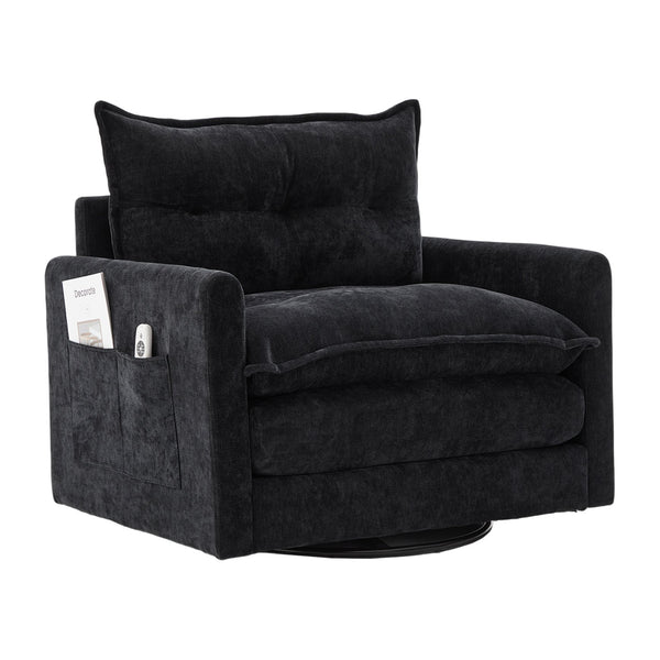 English Elm UNITED Swivel Barrel Chair with Chenille Upholstery, 360° Smooth Rotation, Padded Arm Comfort and Side Pockets for Living Room Relaxation Black W1568P290088