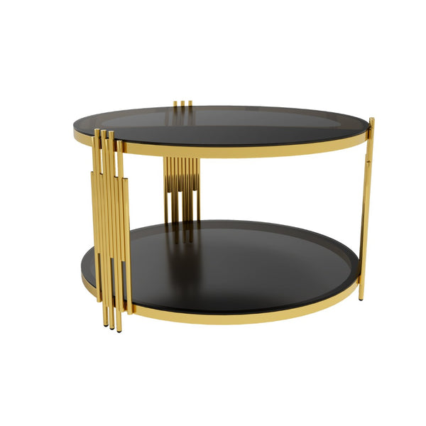 English Elm Modern Round Coffee Table Black Tempered Glass Top Gold Drum Base Living Room Glam N735P177478B
