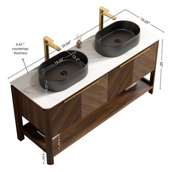 English Elm Dina 60 Inch Floating Bathroom Vanity Sintered Stone Top Dual Glass Basins Wood Grain W2615S00724