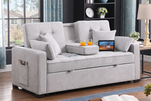 English Elm Corrado Woven Fabric Sleeper Loveseat with Console Cup Holders and Charging Ports Light Gray B2749S00243