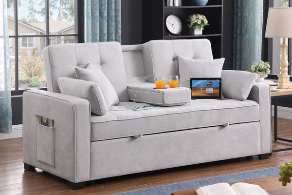 English Elm Corrado Woven Fabric Sleeper Loveseat with Console Cup Holders and Charging Ports Light Gray B2749S00243