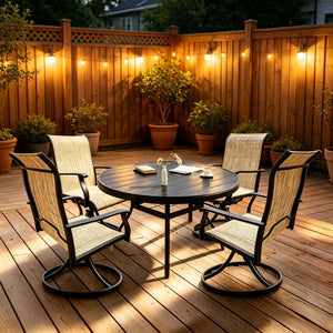 English Elm Outdoor Round Dining Set for Four with Mesh Swivel Chairs and Umbrella Hole Table W213S00058