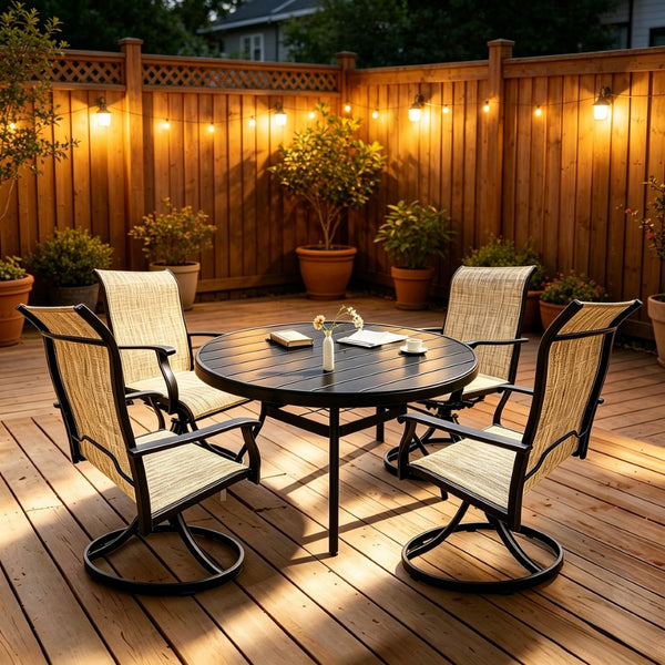 English Elm Outdoor Round Dining Set for Four with Mesh Swivel Chairs and Umbrella Hole Table W213S00058