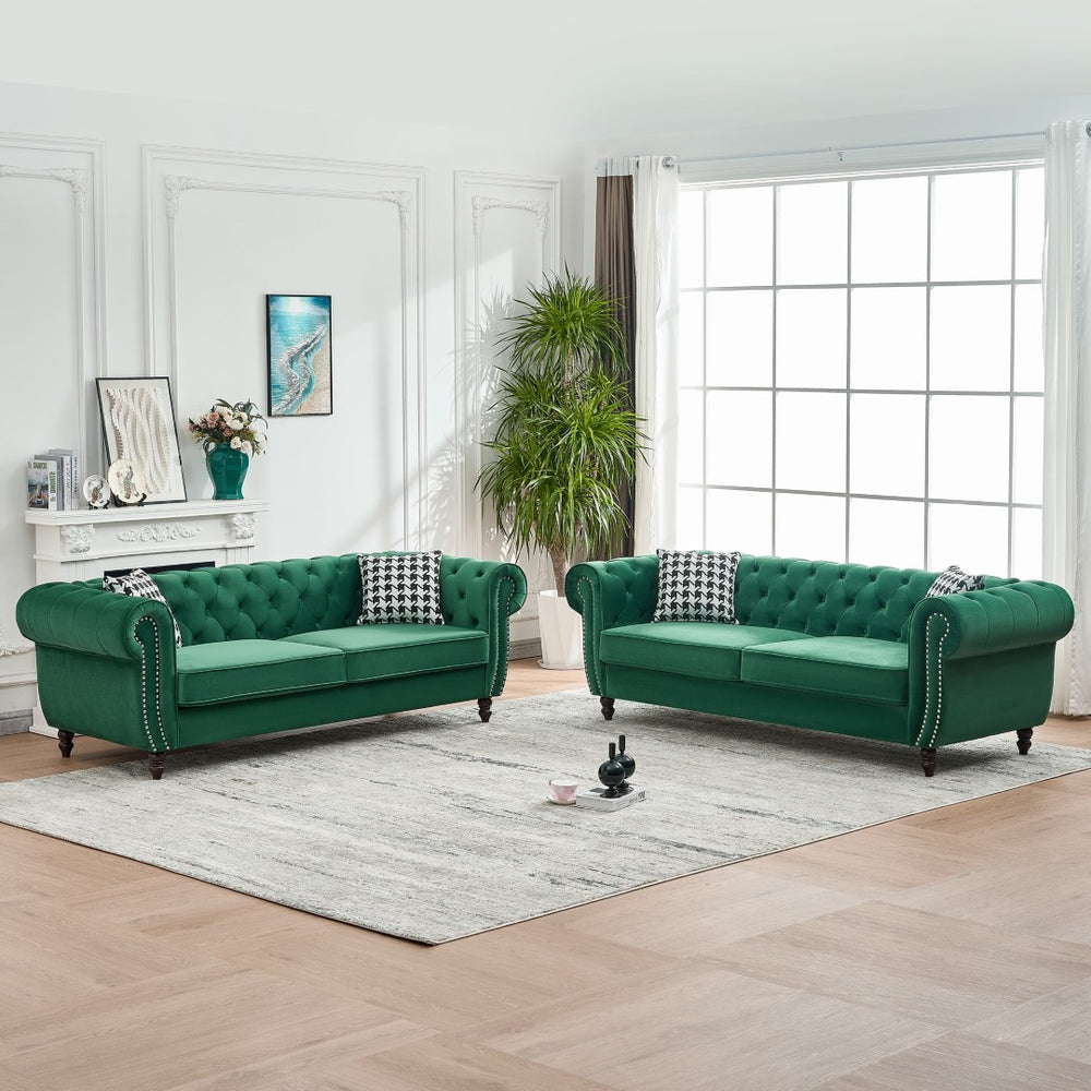 English Elm 3 Seater Chesterfield Velvet Sofa Tufted Roll Arms Brass Nailhead Mid Century Style Green W3373S00067