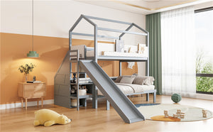 English Elm House-shaped Pine Bunk Bed with Built-in Slide Storage Staircase Twin Over Full Kids Frame Grey+White N820S00082E