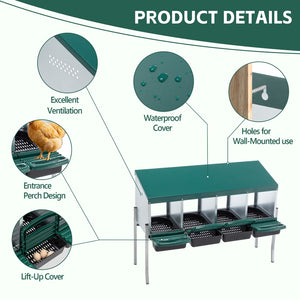 English Elm 4-hole Galvanized Steel Chicken Nesting Box with Roll Away Egg Tray and Rain Cover W1422P292941