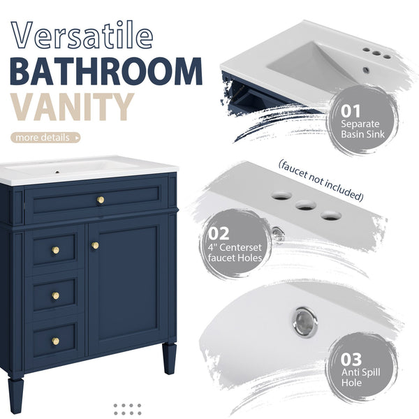English Elm 30'' Modern Bathroom Vanity with Integrated Mirror Cabinet, Ceramic Sink, 3 Drawers & Ample Storage Blue SW000126AAC-1