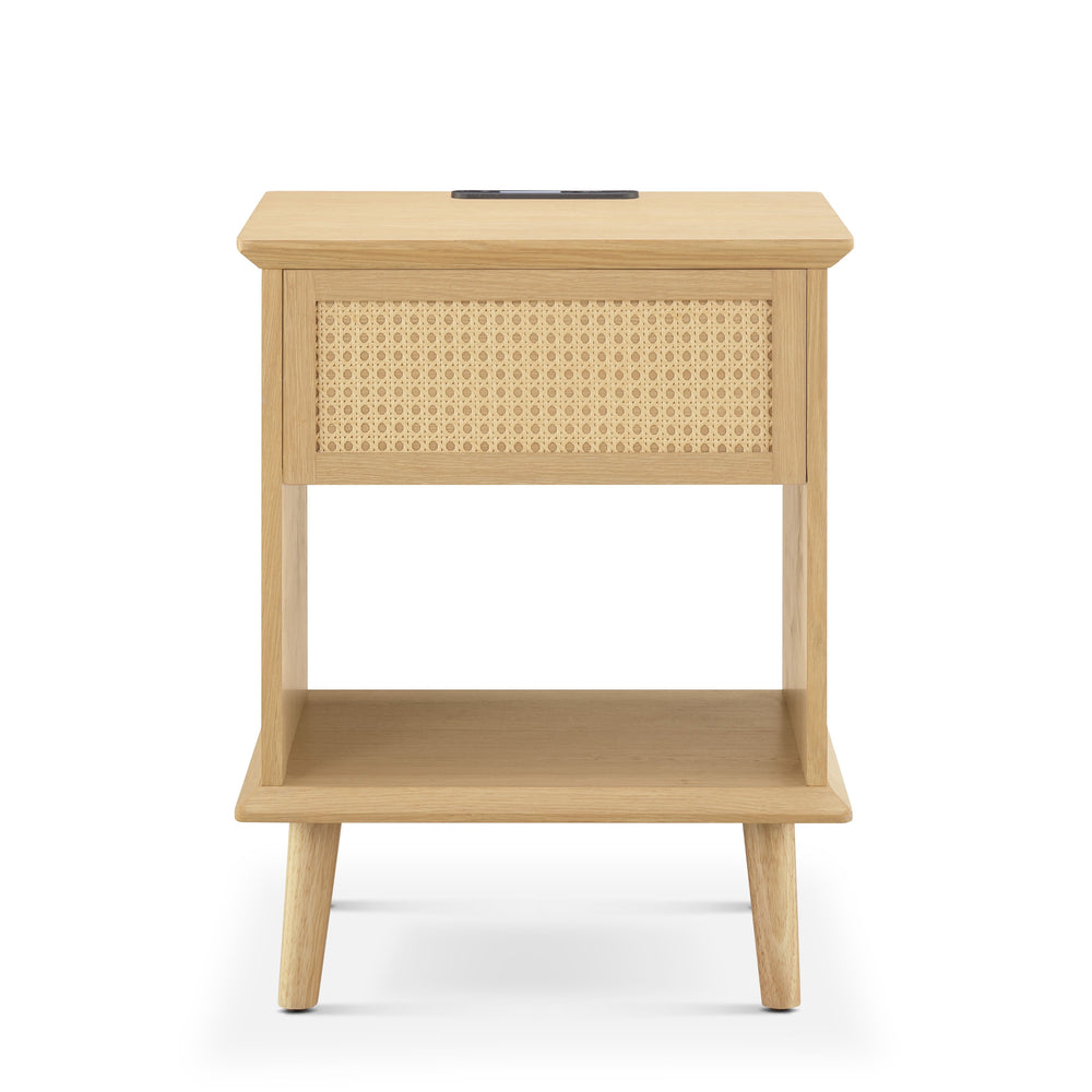 JLA Home 510 Design - Rattan Mid-Century Side Table with Drawer, Open Shelf, USB/USB-C Charging & Warm LED Light FUR120-0057