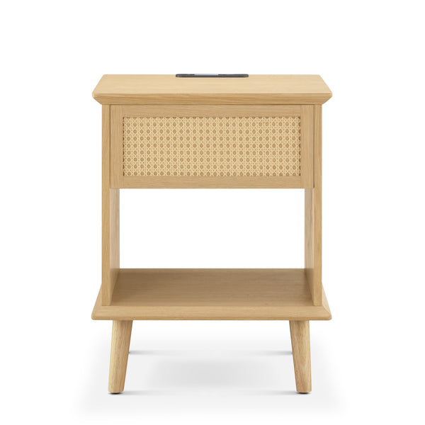 JLA Home 510 Design - Rattan Mid-Century Side Table with Drawer, Open Shelf, USB/USB-C Charging & Warm LED Light FUR120-0057