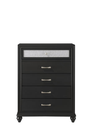 English Elm 1pc Glam Five Drawer Tall Bedroom Chest with Shimmer Accent Top Drawer, Bar Handles, Solid Wood Appeal Black 38.98 L x 19.33 W x 48.62 H B011P234293