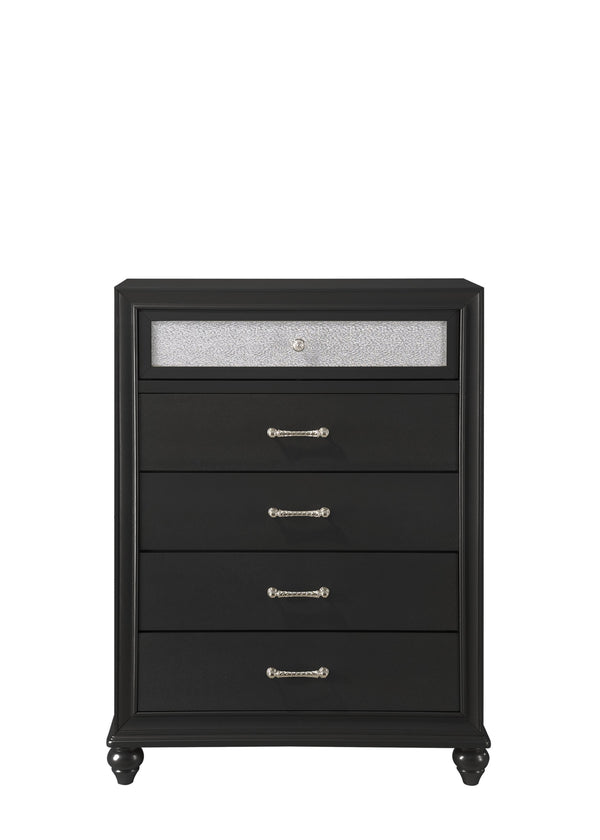 English Elm 1pc Glam Five Drawer Tall Bedroom Chest with Shimmer Accent Top Drawer, Bar Handles, Solid Wood Appeal Black 38.98 L x 19.33 W x 48.62 H B011P234293