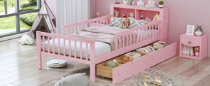 English Elm Twin Size Bed With Pink Finish, Headboard Storage, Under-Bed Drawers & Guardrails For Kids' Safety N733P272374H-GIGA