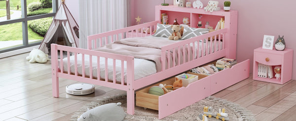 English Elm Twin Size Bed With Pink Finish, Headboard Storage, Under-Bed Drawers & Guardrails For Kids' Safety N733P272374H-GIGA