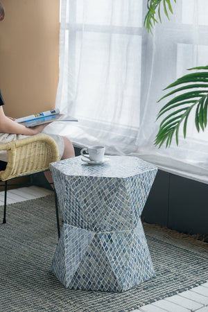 English Elm 19x19x20" Tapered Blue Capiz Stool Accent Table — Hexagon Inlay Pedestal, Geometric Charm for Entryways W2078P409466