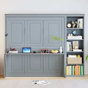 English Elm Queen Size Murphy Bed With Integrated Desk & Bookshelf – Stylish Gray Space-Saving Solution! N7090004016E-GIGA
