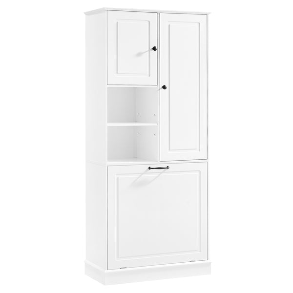 English Elm Tall Storage Cabinet with Flip-Out Basket, Adjustable Shelves & Aluminum Handles for Organized Living White N725P322739K