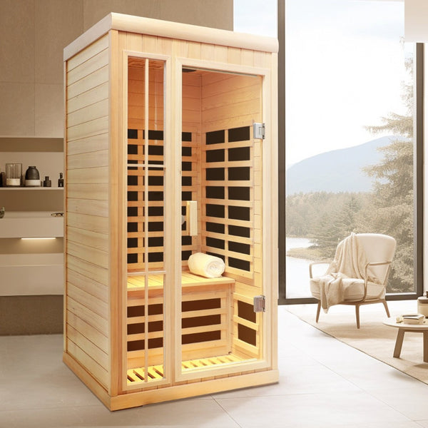 English Elm Deluxe Hemlock Far Infrared Sauna with Led Lighting Bluetooth Audio and Glass Door W632S00009