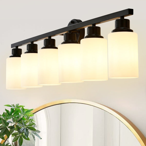 English Elm 6-light Matte Black Linear Wall Sconce White Glass Shades for Bedroom or Vanity W5008P389852