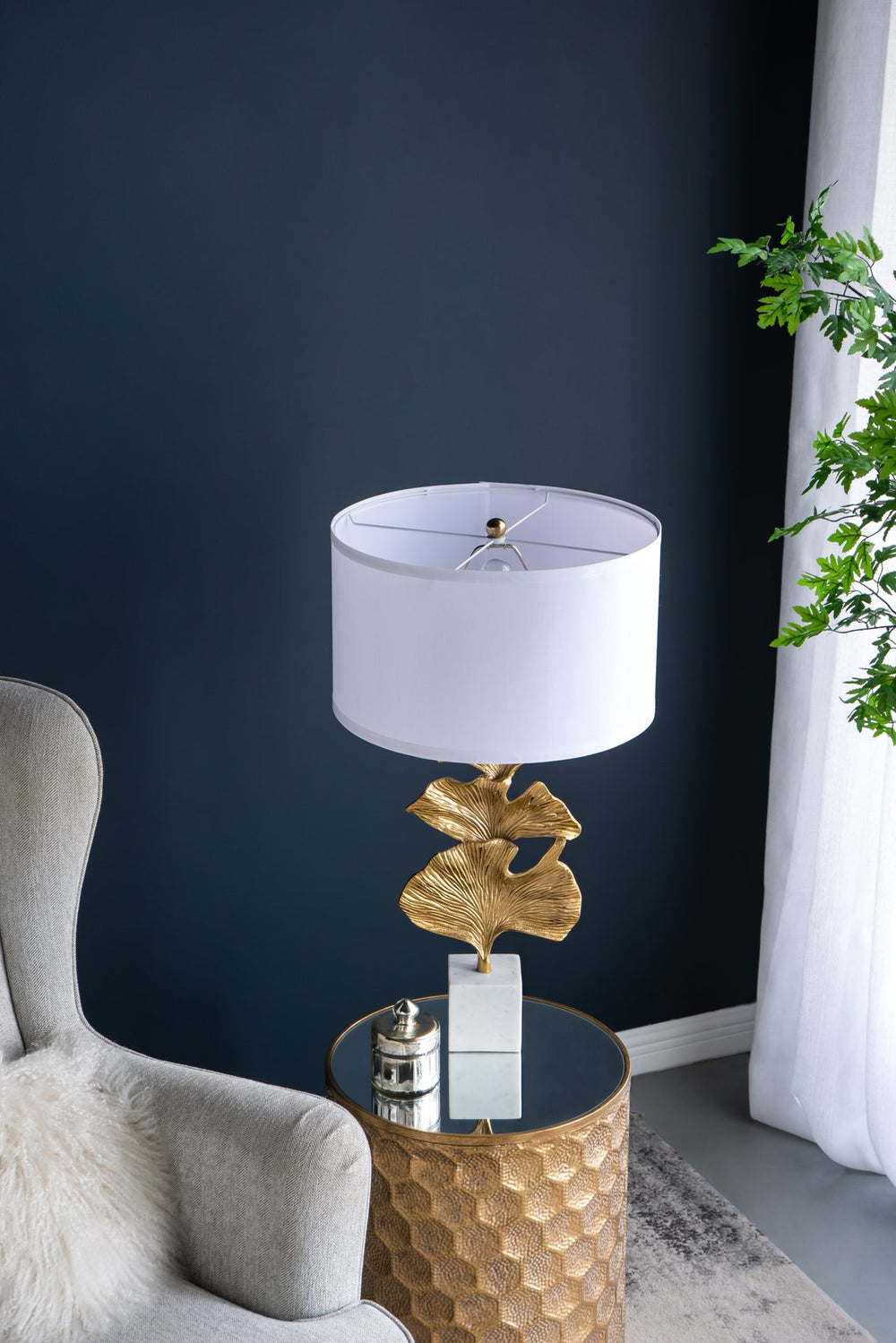 English Elm D17x30.2" Gold Ginkgo Leaf Table Lamp with Marble Cube Base, White Drum Shade, Modern Accent Light W2078P360486