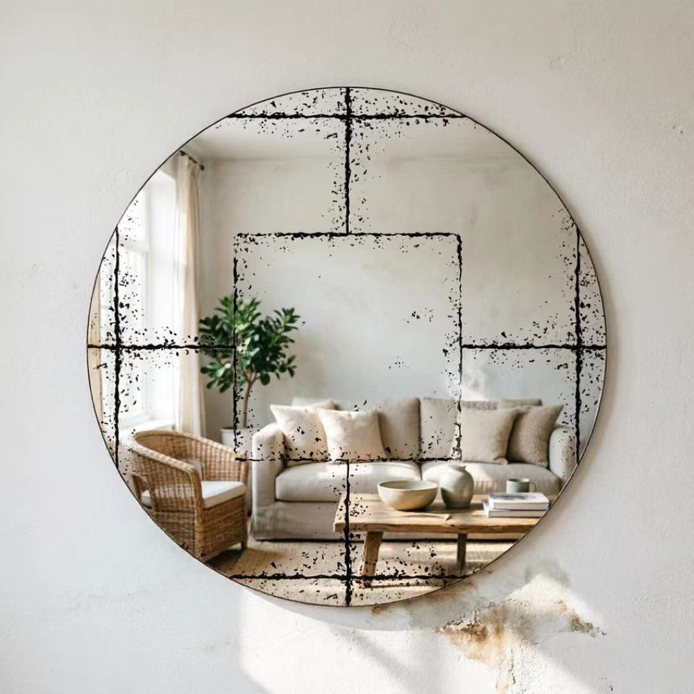 English Elm Round Iron Framed Wall Mirror with Weathered Etched Detail for Living Room or Foyer W3935P406810