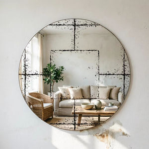 English Elm Round Iron Framed Wall Mirror with Weathered Etched Detail for Living Room or Foyer W3935P406810