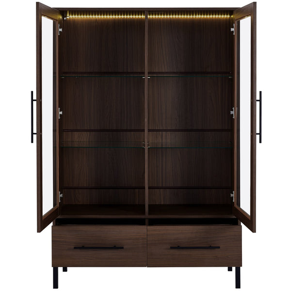 English Elm 60'' Tall Display Cabinet with LED Lighting, Tempered Glass Doors, 4 Adjustable Shelves & Drawers Black + Dark Walnut N845P261801D