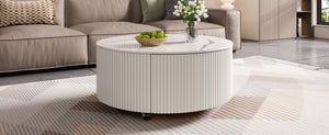 English Elm Modern Round Coffee Table with Sintered Stone Marble Top, Locking Casters, 2 Soft-Close Drawers, Space-Saving Design White N735P328523K