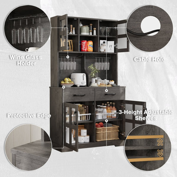 English Elm Pantry Hutch with Fluted Mdf Panels Charging Station Pegboard and Open Shelving T3773P416041