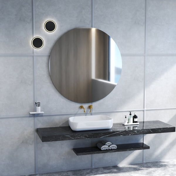 English Elm 70cm Round Wall Mirror Matte White Backboard Minimalist Bathroom Bedroom Decor W3151P265973