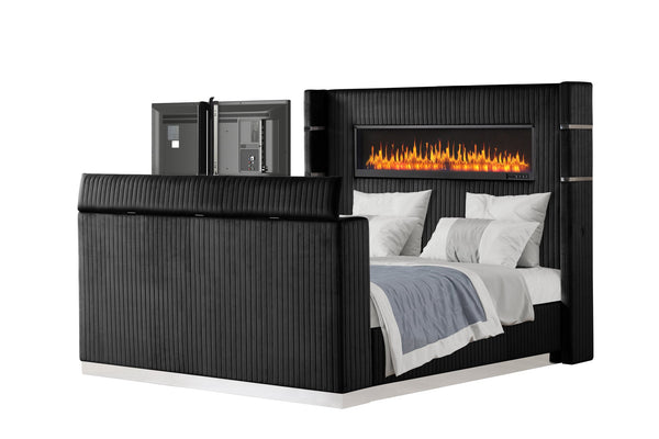 English Elm Lavish 4-Piece Queen Bedroom Set With Fireplace Headboard, Tv Footboard & Usb Nightstand, Black Wood B009S02111